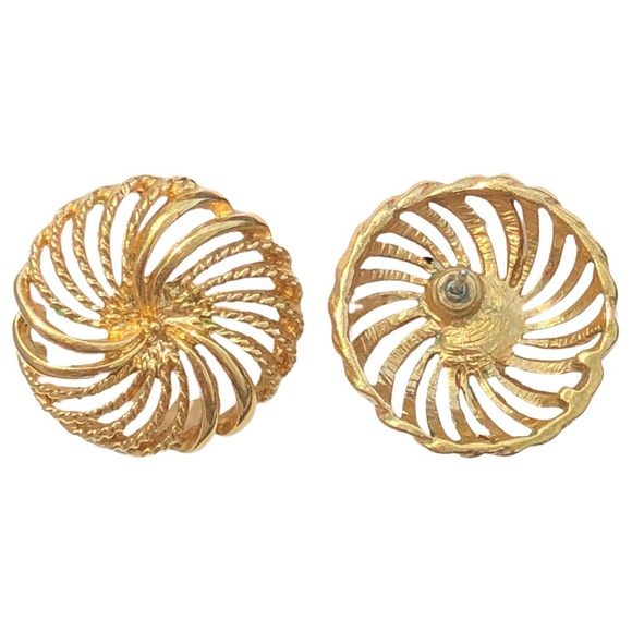 Vintage Napier Spiral Pinwheel Earrings, Gold Tone Filigree Button Studs - Picture 4 of 5